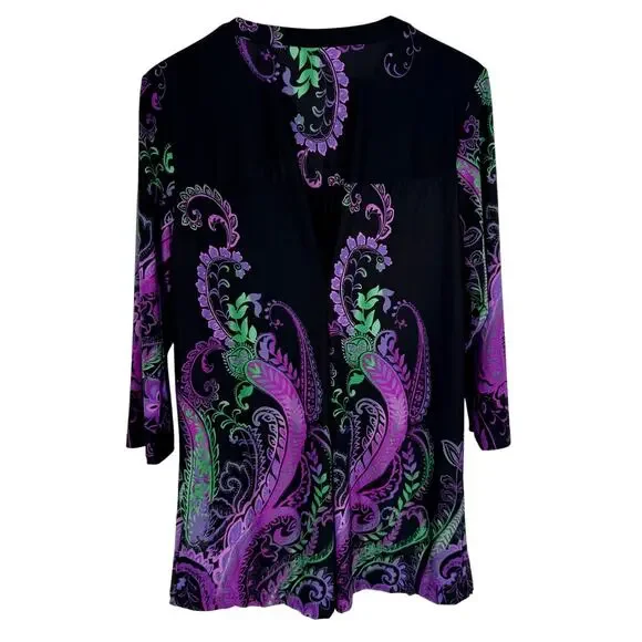 NEW NWOT Serengeti Fashions Large Black Purple Wearable Art Blouse Shirt Top - Picture 7 of 7